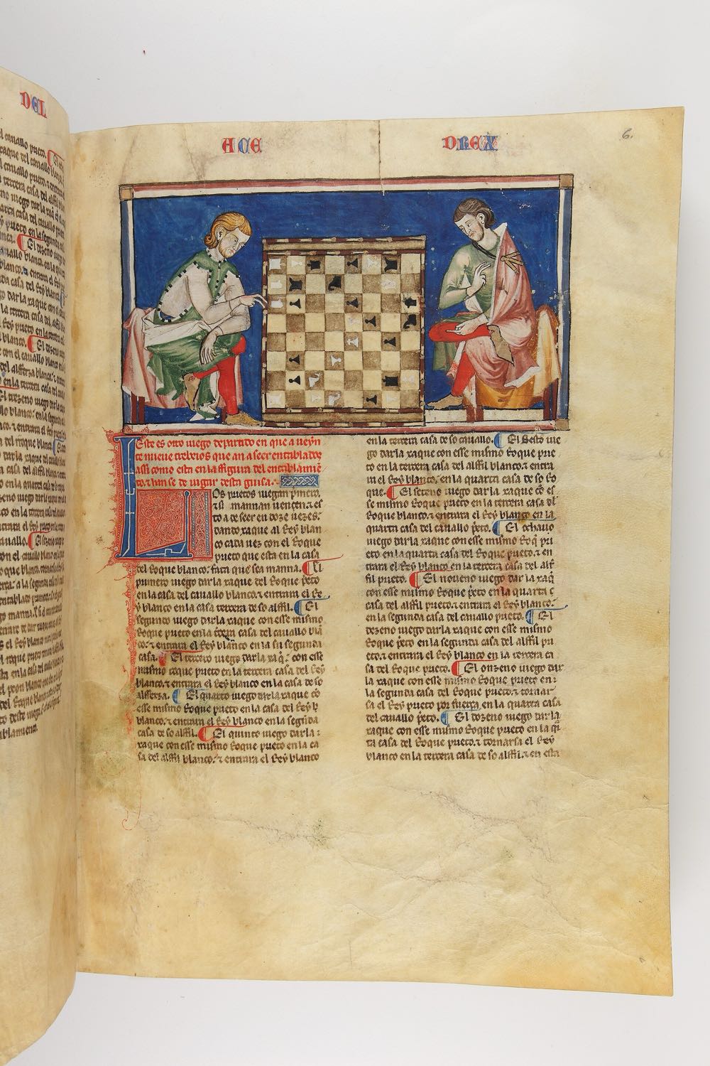 Manuscript page with two chess players over a problem board, Libro de los juegos, 1283